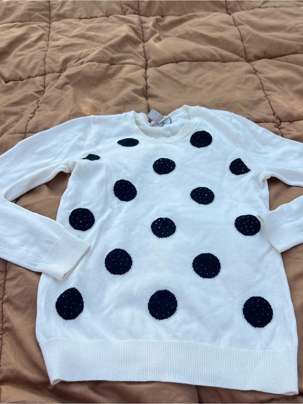 Banana Republic White Crewneck Sweater Black Embellished Polka Dots Whimsy Prep